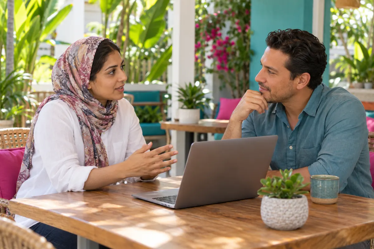 A business owner and a specialist talking at a laptop